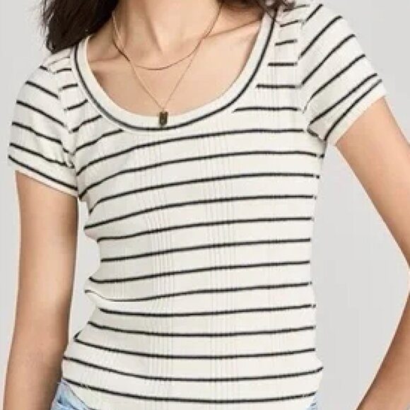 MOTHER Black and White Striped Short Sleeve “Itty Bitty Scoop” Tee - XL - NWT - Picture 1 of 7